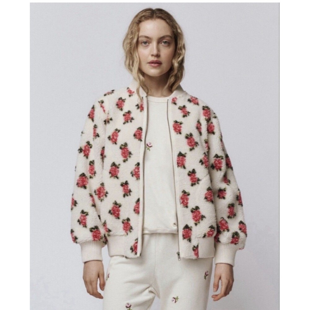 THE GREAT.  Sz 0 Sherpa Plush Rose Print Jacket Full Zip Bomber  Cream Pink $450